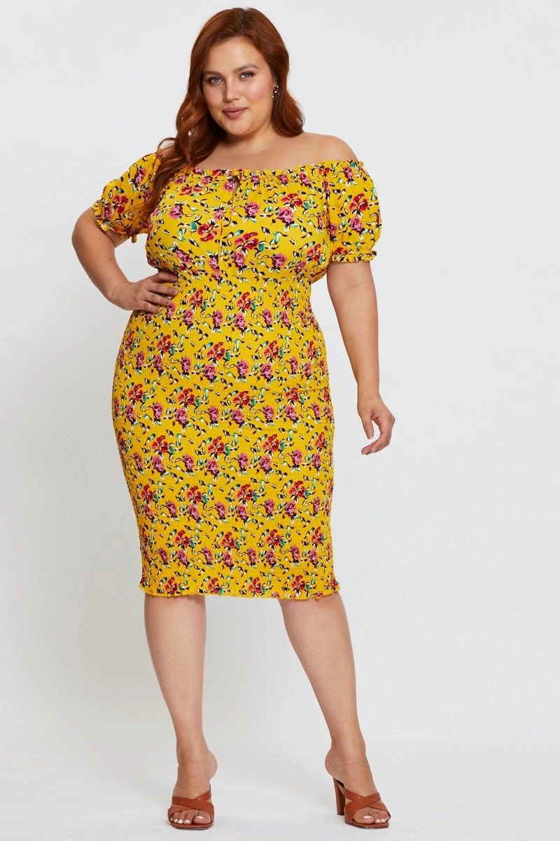 Travel piece Vibrant Spirit Floral Print Bodycon Dress Off Shoulder Short Sleeve