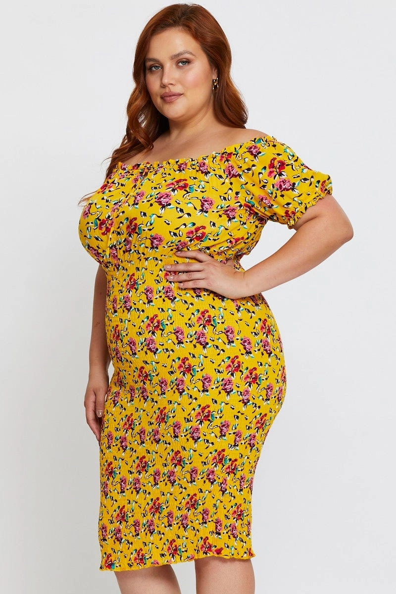 Modern Appearance Floral Print Bodycon Dress Off Shoulder Short Sleeve