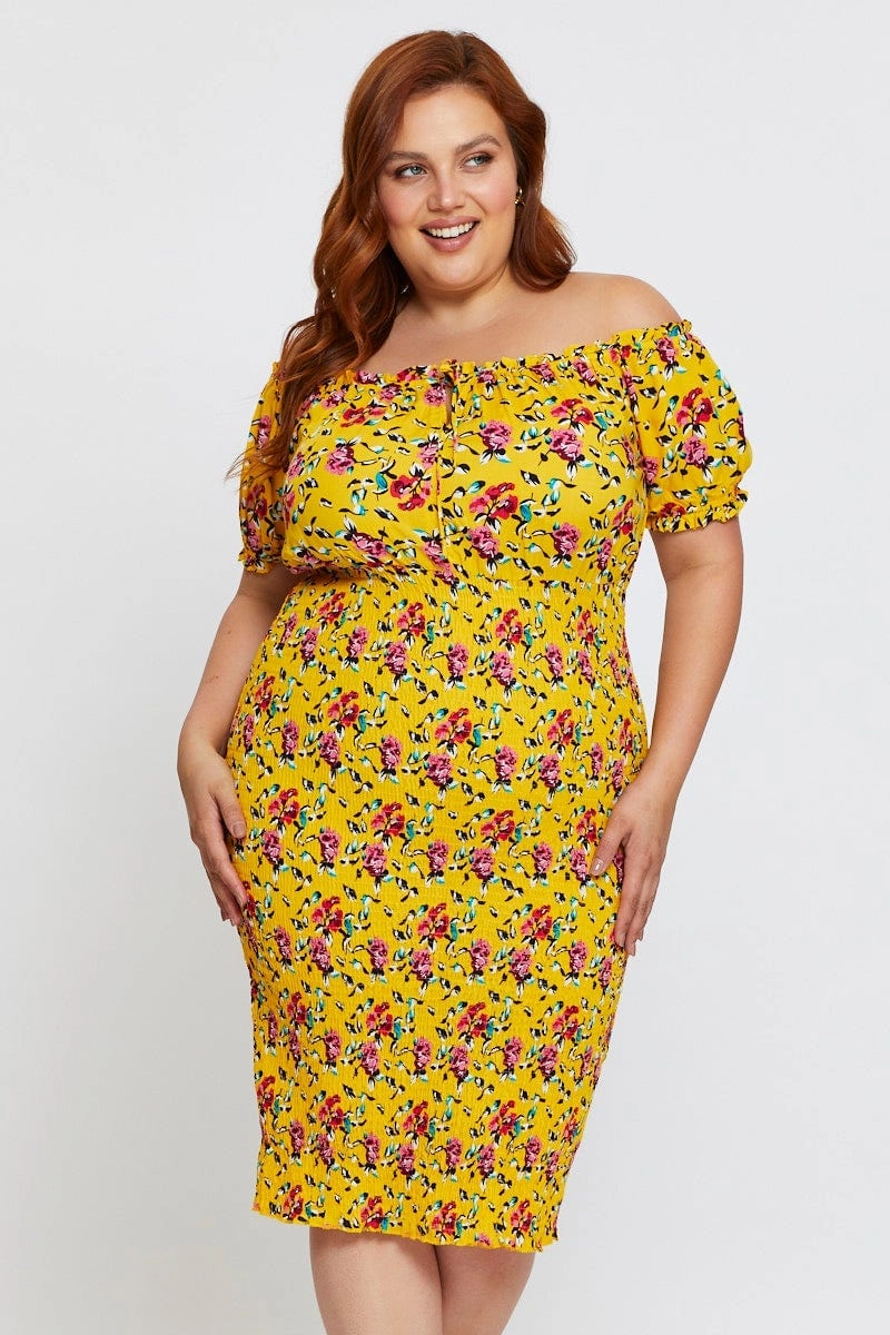 Floral Print Bodycon Dress Off Shoulder Short Sleeve Happy Fit Elegant Look