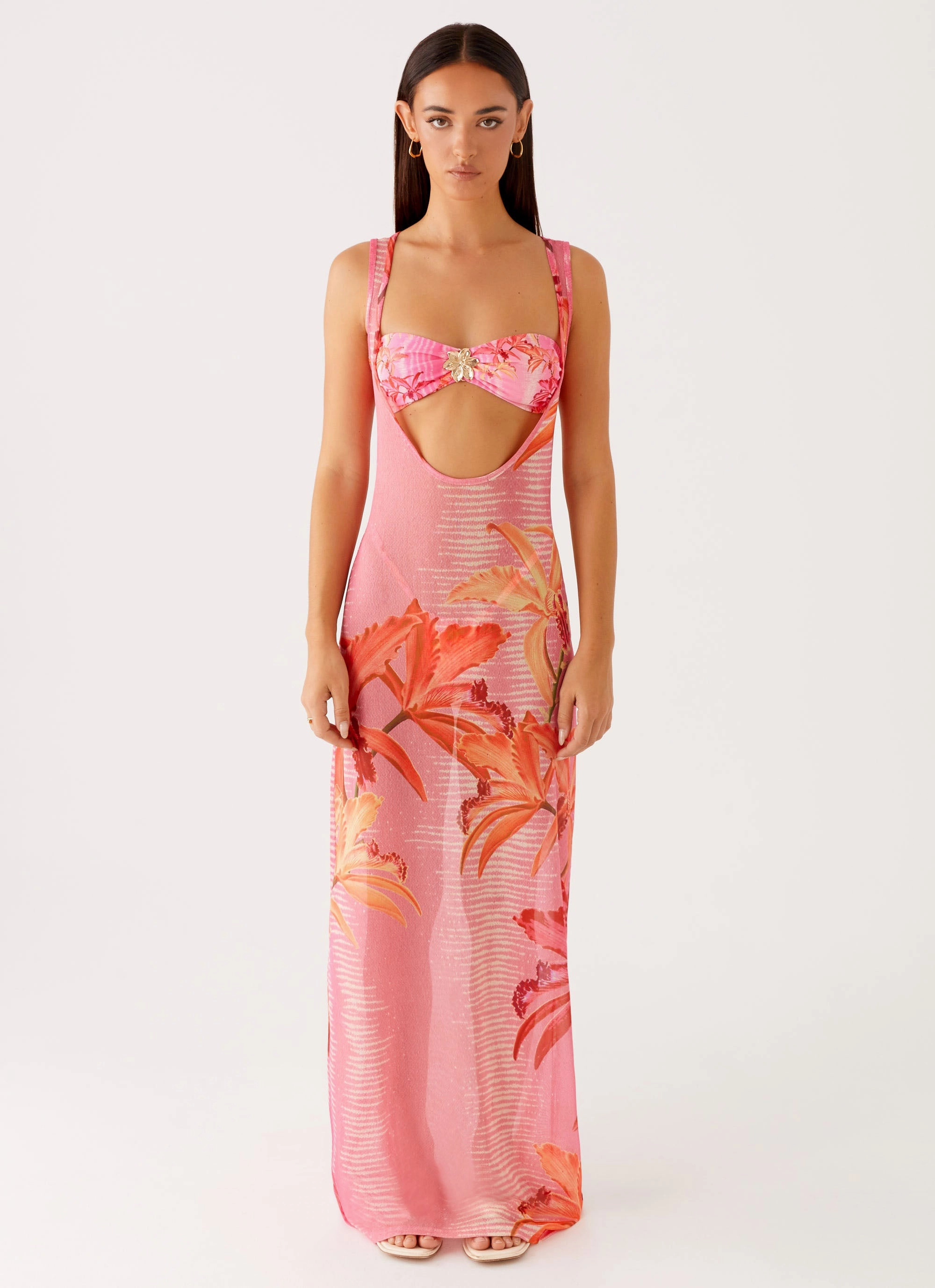 Sorella Maxi Dress - Tropical Pink Print Textured Flow Tiered Skirt
