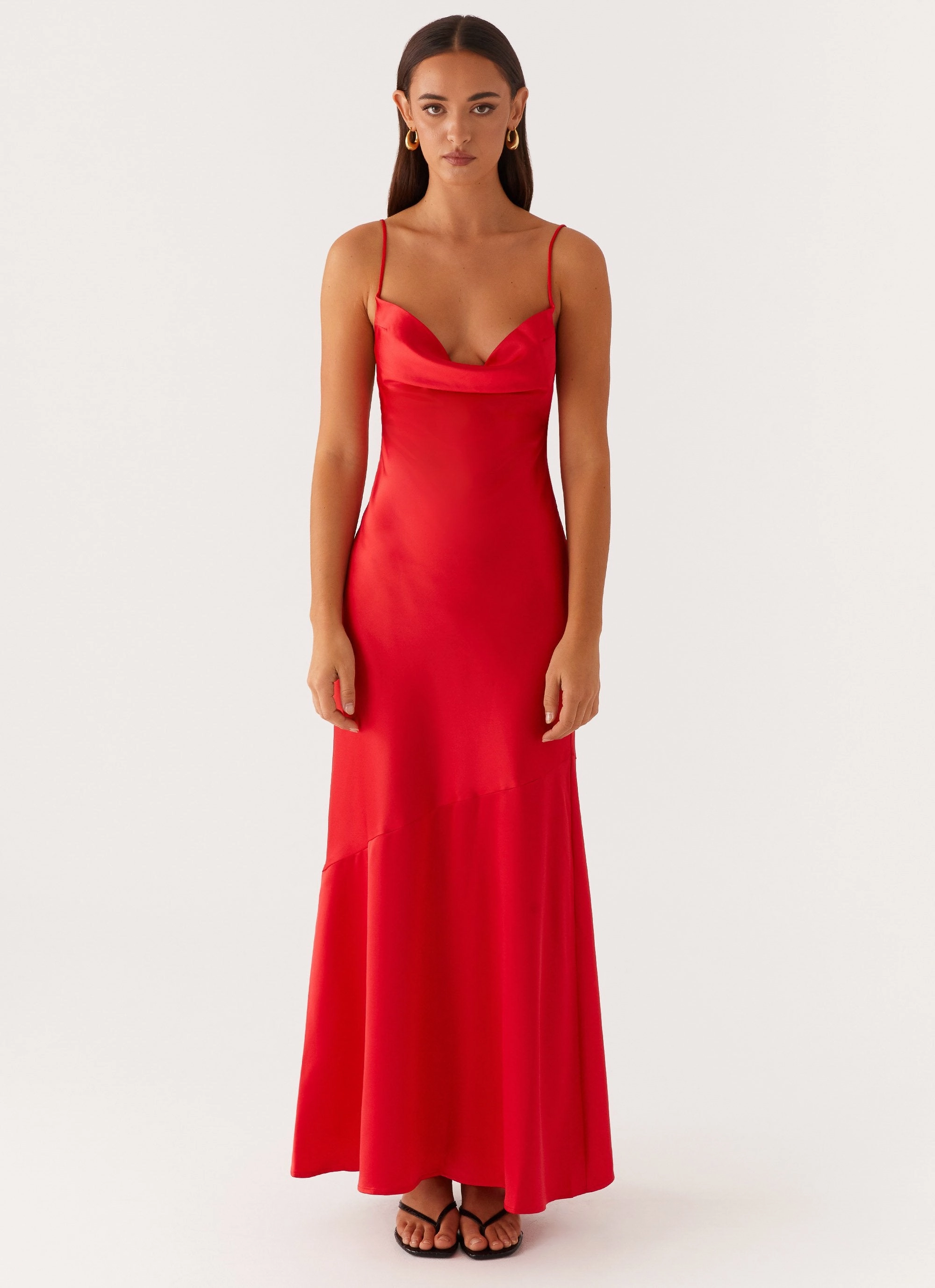 Alianna Cowl Neck Satin Maxi Dress - Red Tailored Mood Smart and Polished