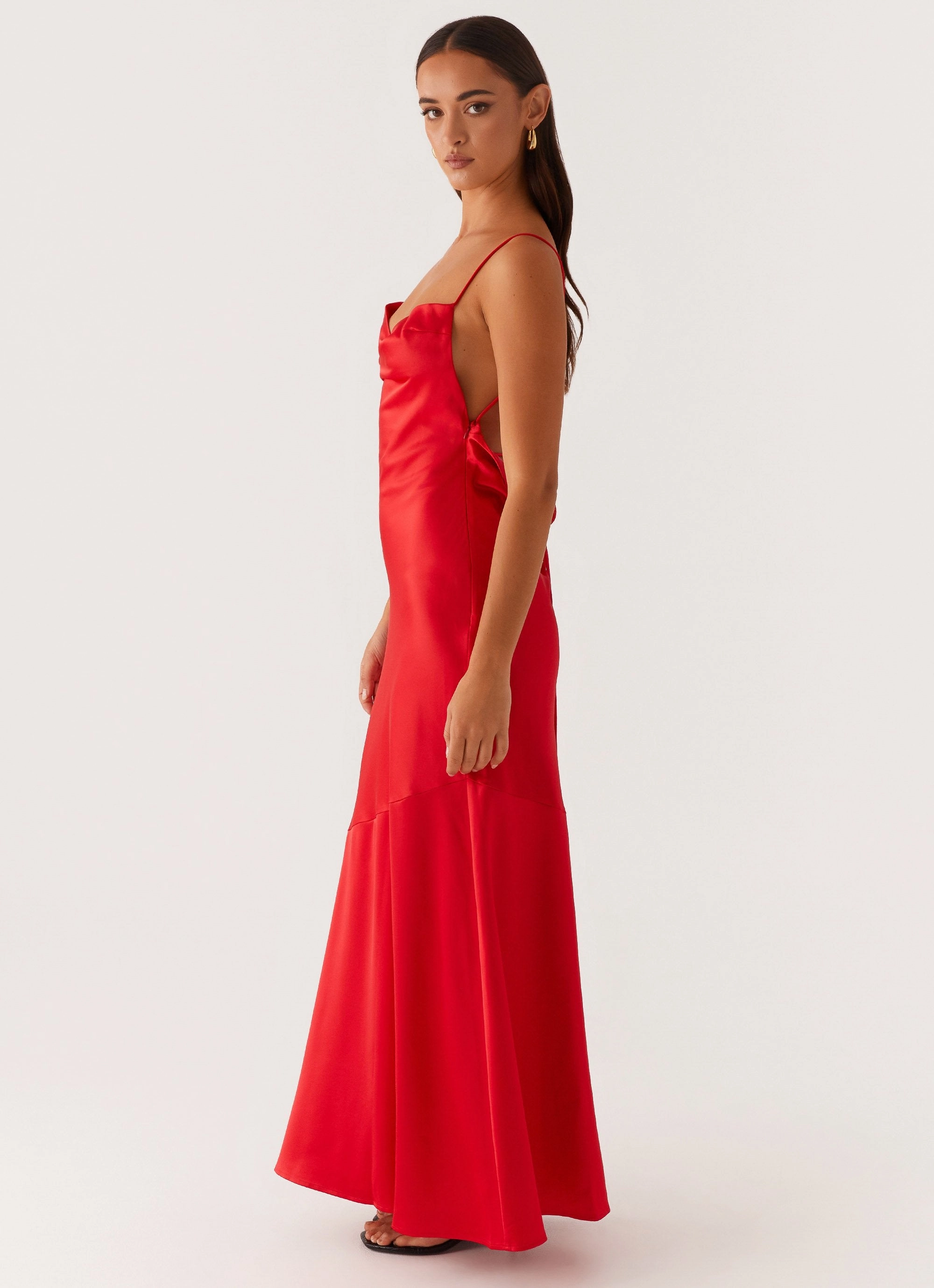 High Waist Alianna Cowl Neck Satin Maxi Dress - Red