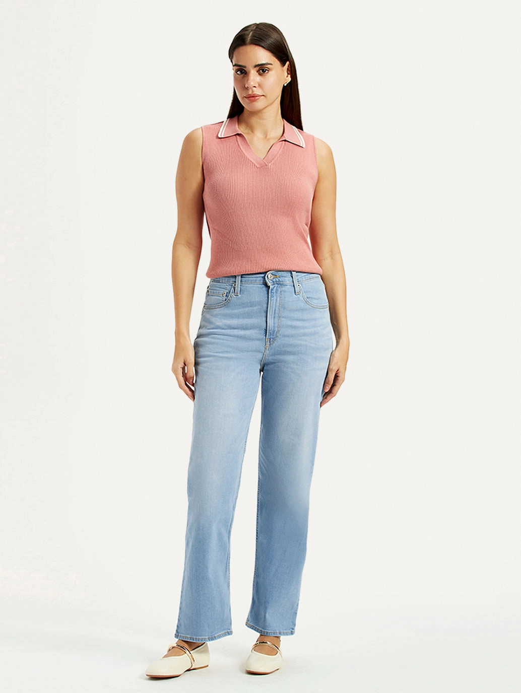 Women's Blue Ribcage Straight Fit High Rise Jeans Student Outfit Work Ready