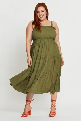 Green Midi Dress Square Neck Sleeveless Formal Outfit