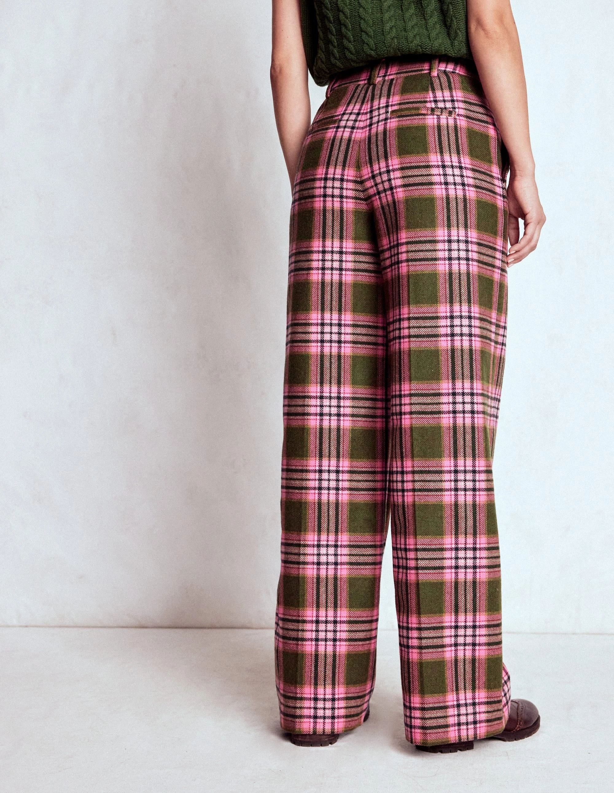 Belgravia Wool Trousers-Olive, Green and Pink Check Cozy Lining