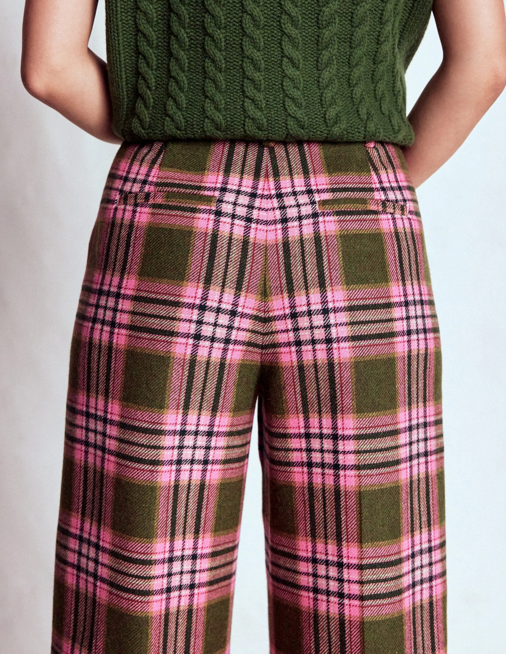Modern Waist Lightweight Fabric Belgravia Wool Trousers-Olive, Green and Pink Check