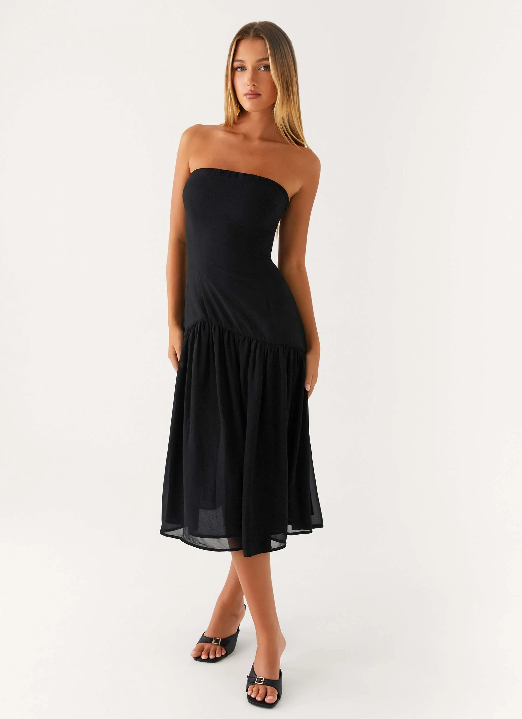 Imagination Strapless Midi Dress - Black Bright Vibe Trendy wrap gown