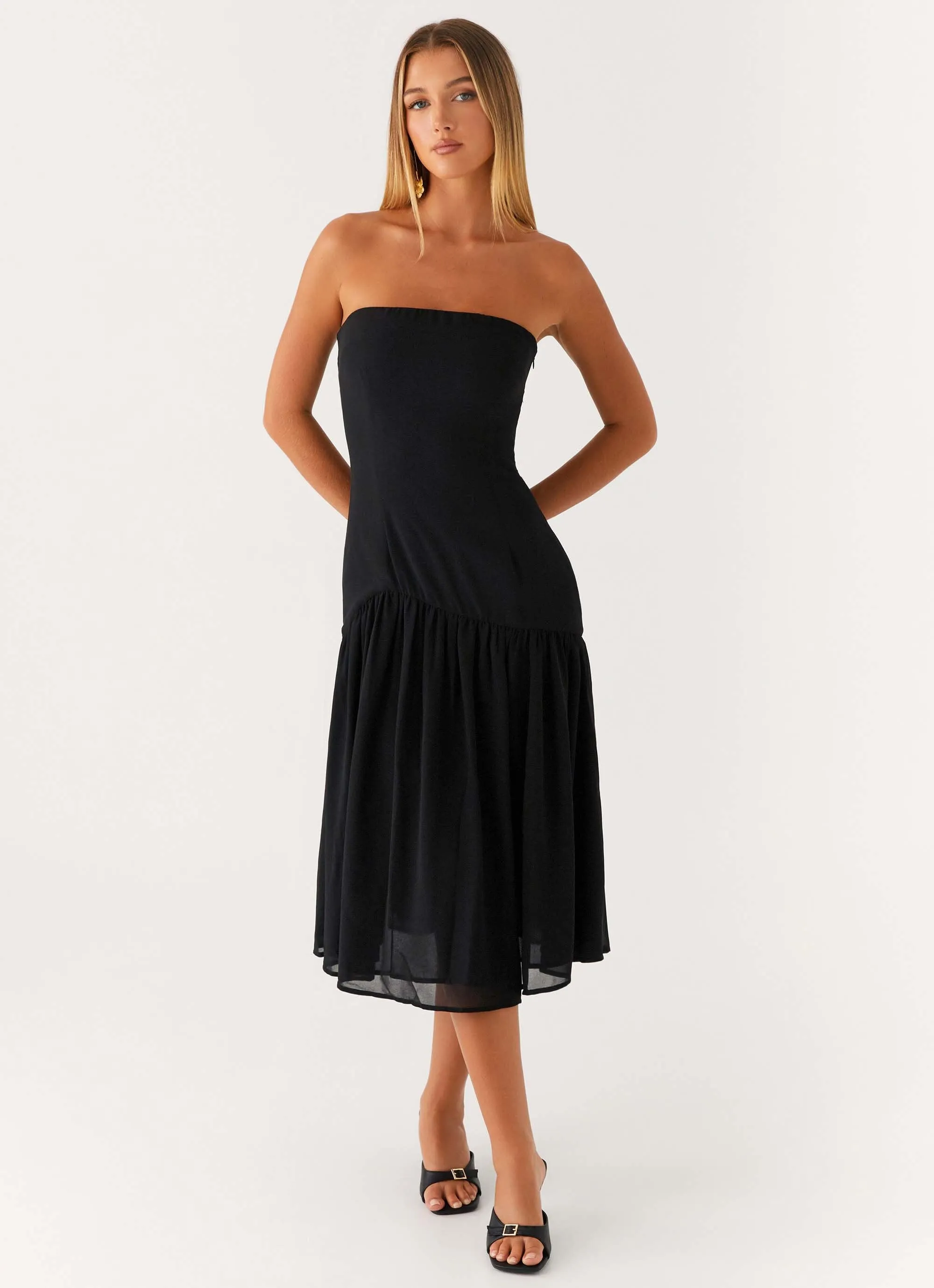 Front-Zip Flattering Comfort Wear Imagination Strapless Midi Dress - Black