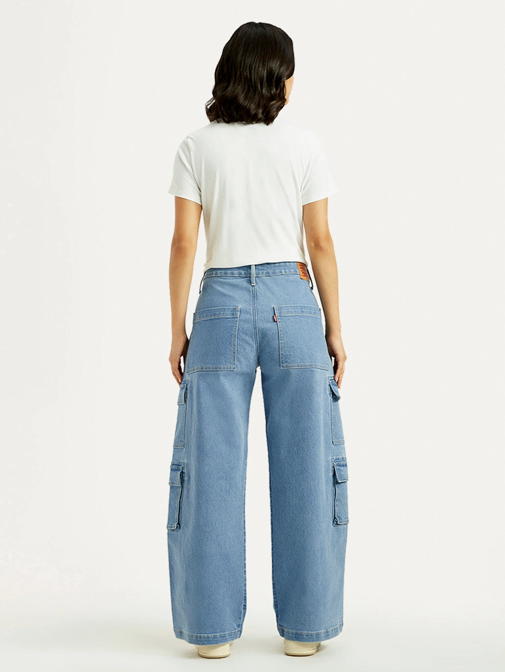 High-waisted No Gap Waistband Women's Med Indigo Baggy Fit Mid Rise Cargo Jeans