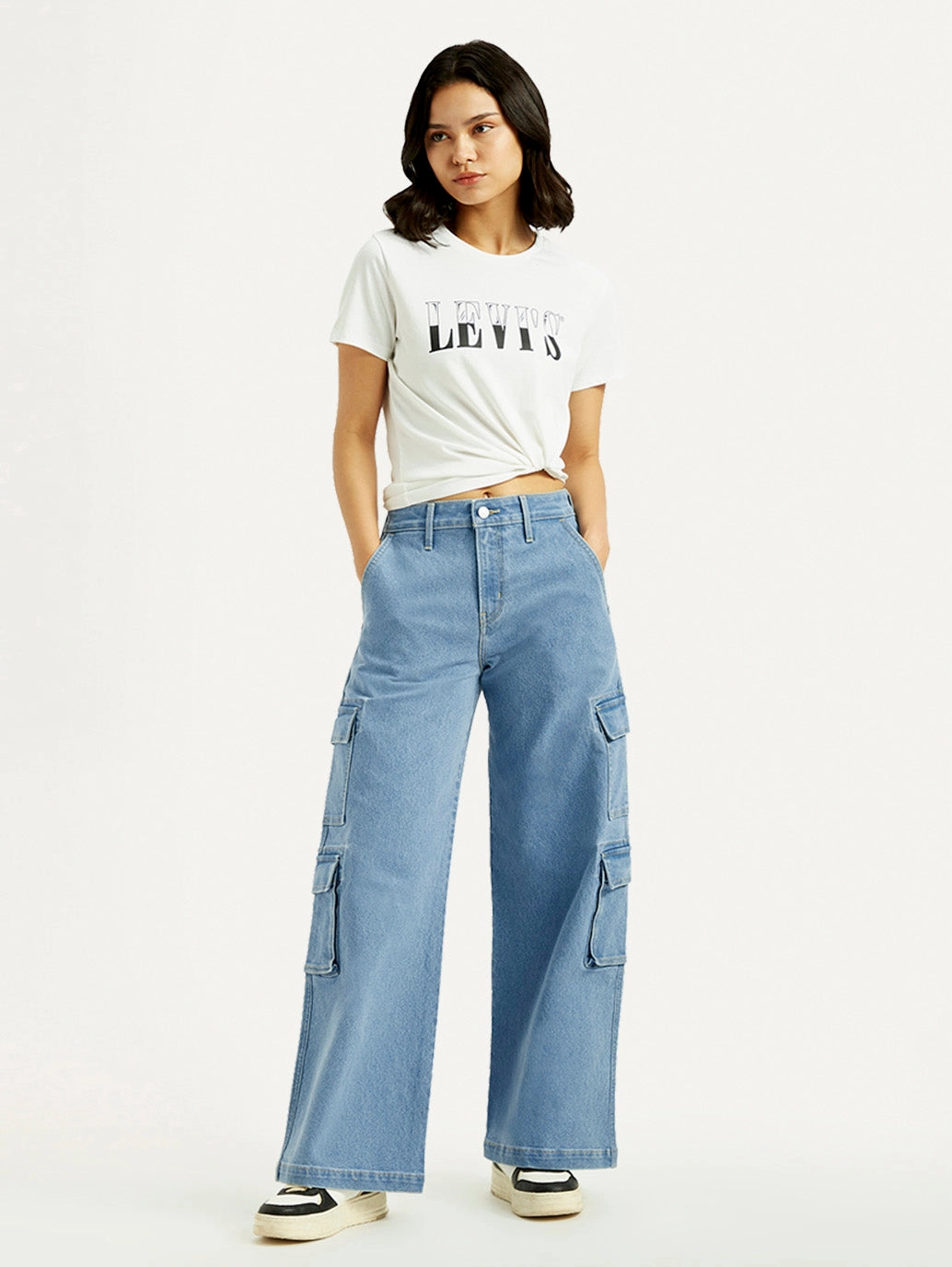 Women's Med Indigo Baggy Fit Mid Rise Cargo Jeans Spring Mood Affordable