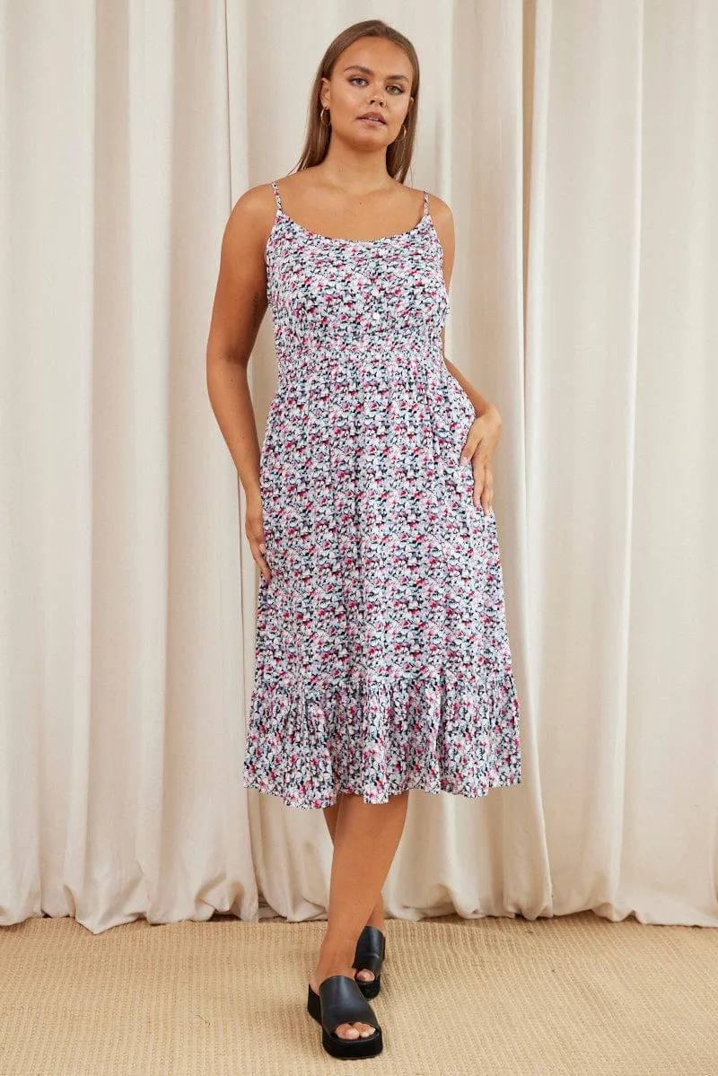 Floral Print Midi Dress V-neck Sleeveless Flawless Waist Fit Life Soft