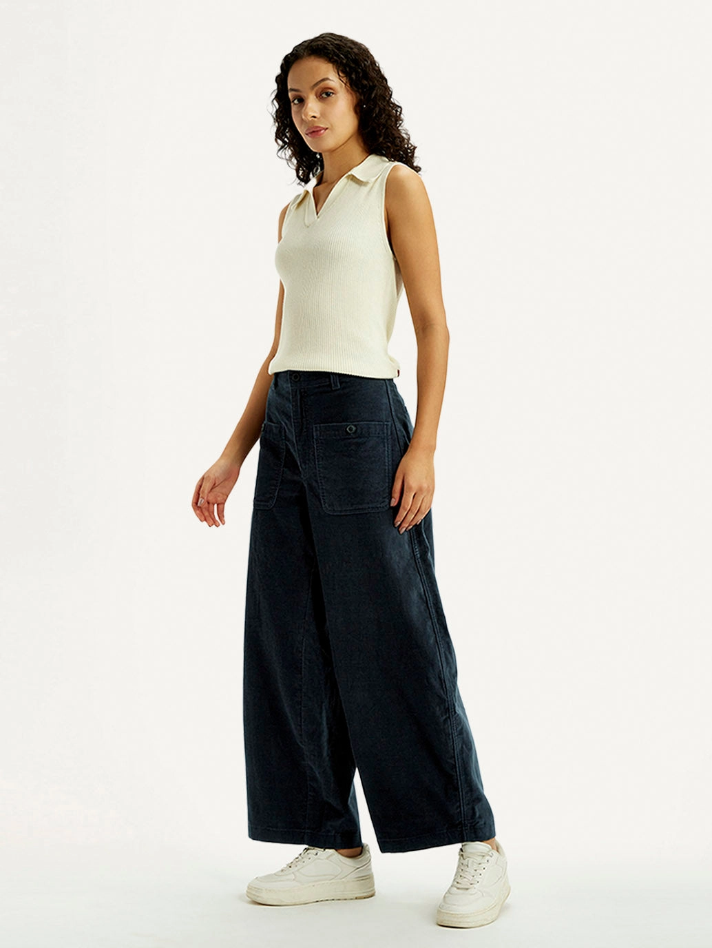 Women's Navy Blue Barrel Loose Fit Mid Rise Trousers Modern Design