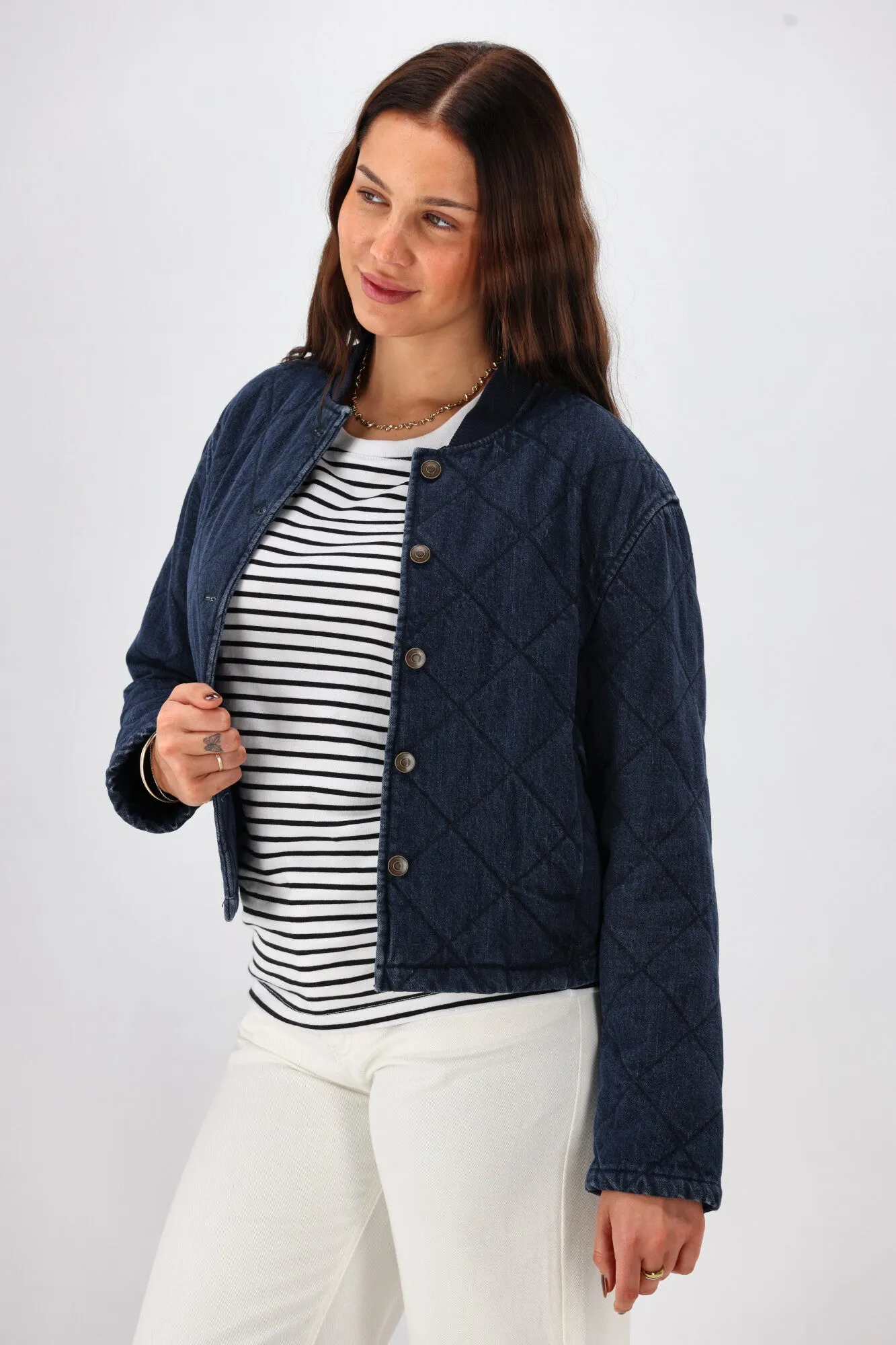 Double Layered AntiSnag Lining Material Shine On Label Niko Quilted Denim Bomber Jacket