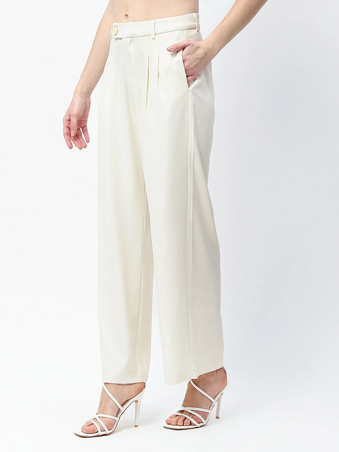Madame Pleat Detailed Off White Gurkha Trousers Clean Fit Flexible Knees