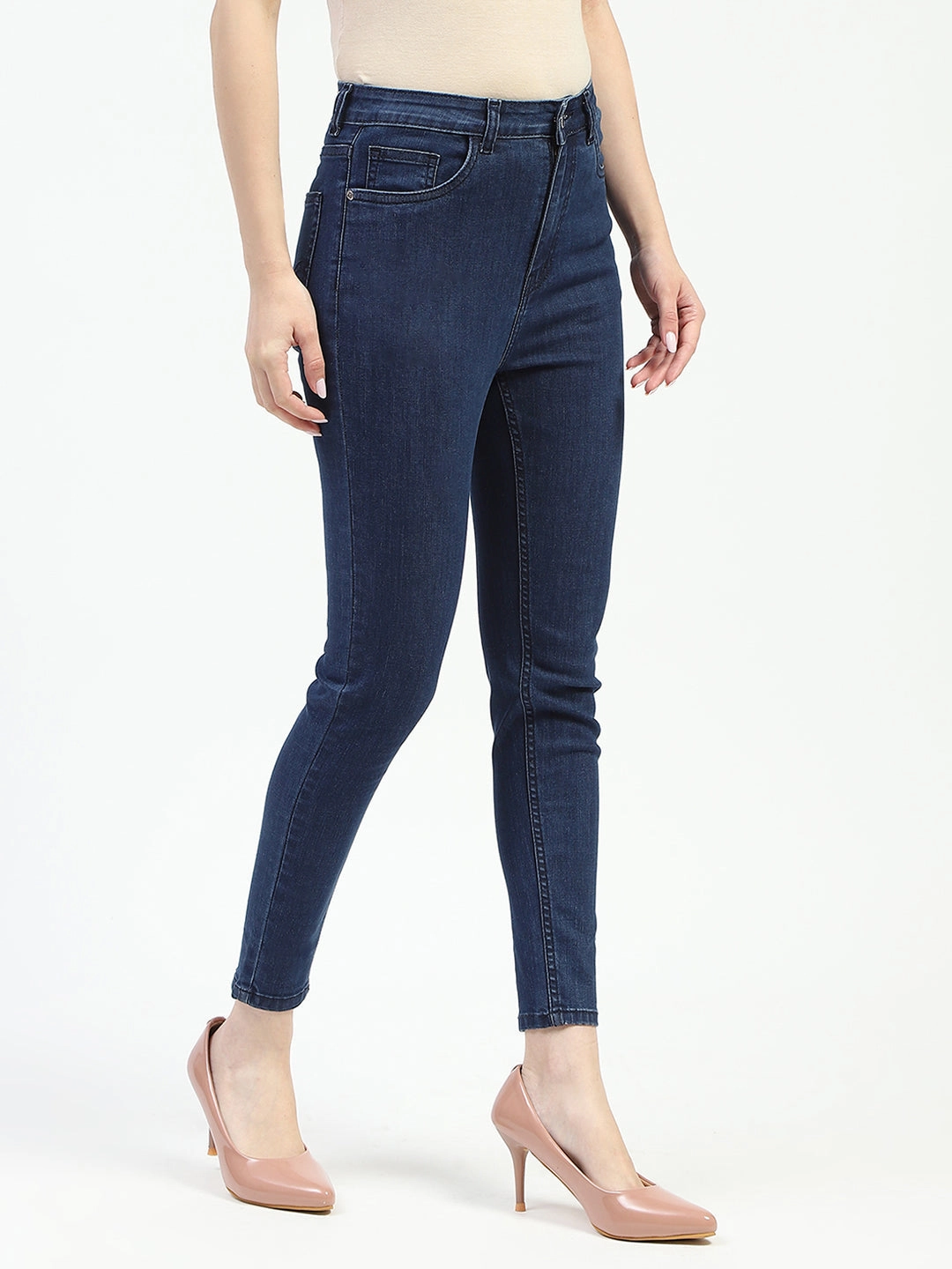 Date Night Sunny Vibes Layered Knee Panels Madame Dark Blue Skinny Fit Cotton Denim Jeans