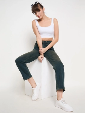 Madame Green Tinted Stone Wash Cotton Blend Denim Jeans High-Quality Fabric Basic Necessity