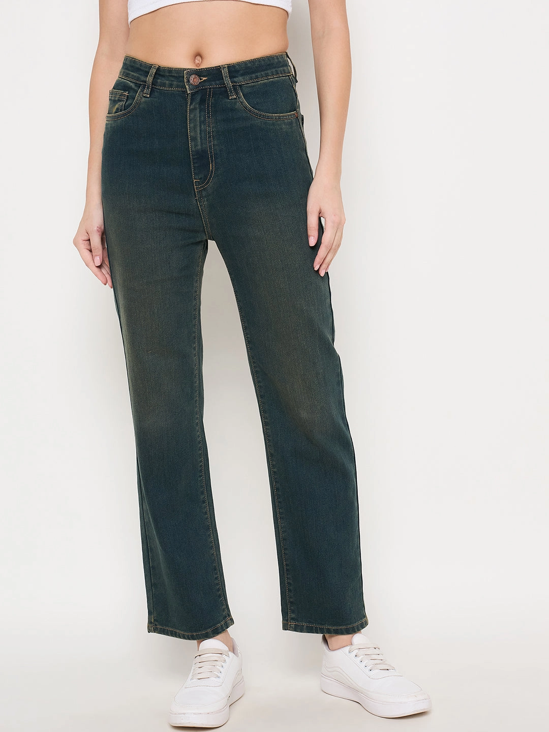 Functional Casual Madame Green Tinted Stone Wash Cotton Blend Denim Jeans