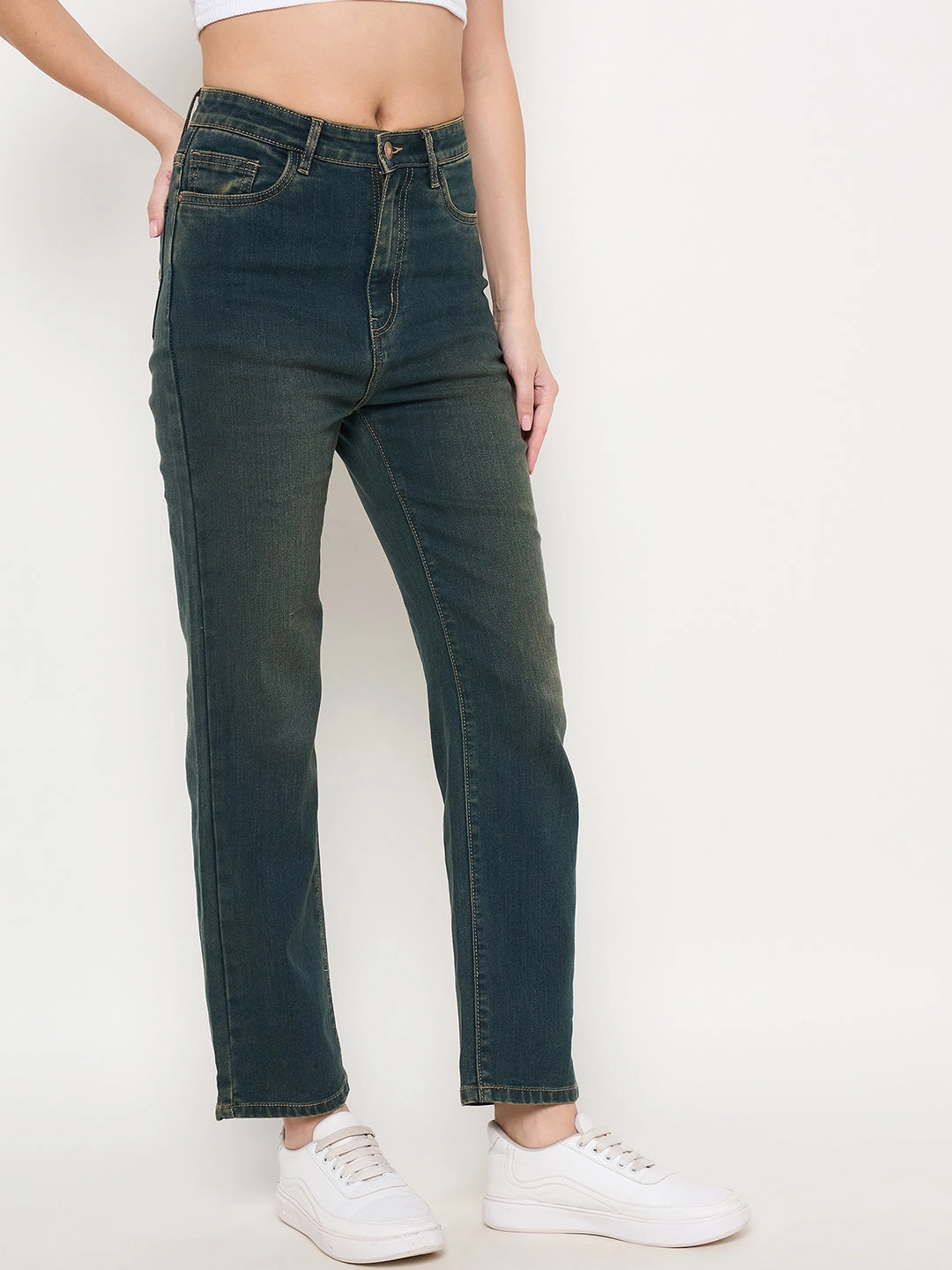 Comfy Design Style Go Everywhere Madame Green Tinted Stone Wash Cotton Blend Denim Jeans