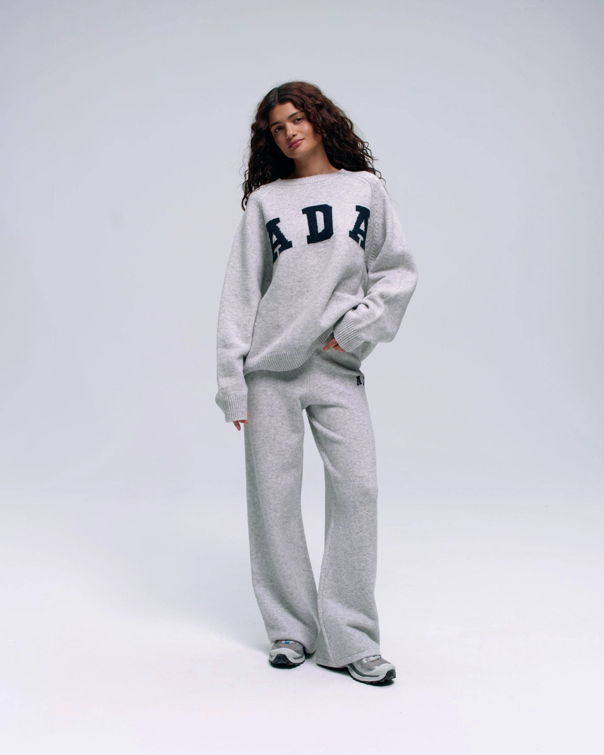 Simple Cut ADA Knit Straight Leg Sweatpants  - Light Grey Melange/Navy Blue