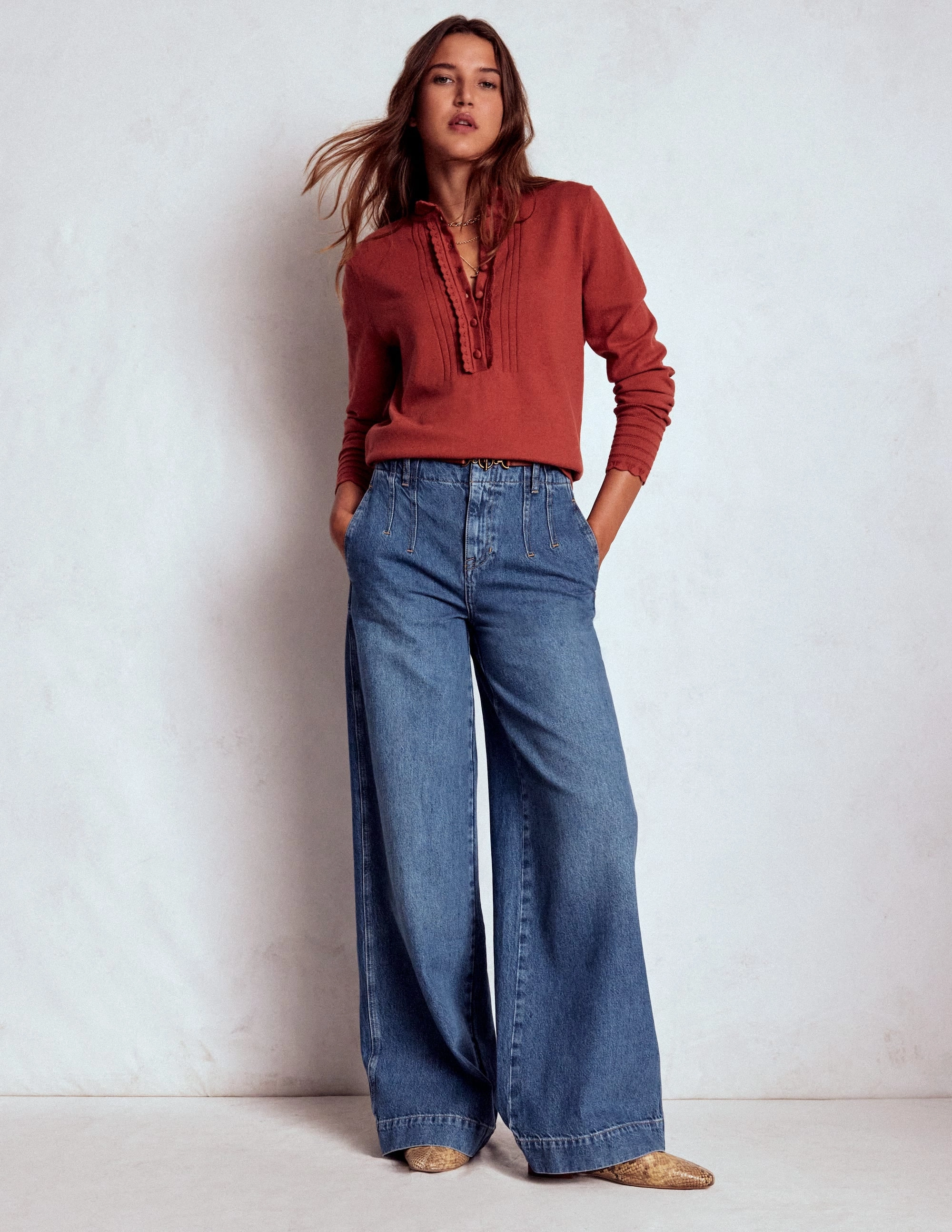 Stitch Detail Wide Leg Jeans-Mid Vintage Casual Comfort Layers