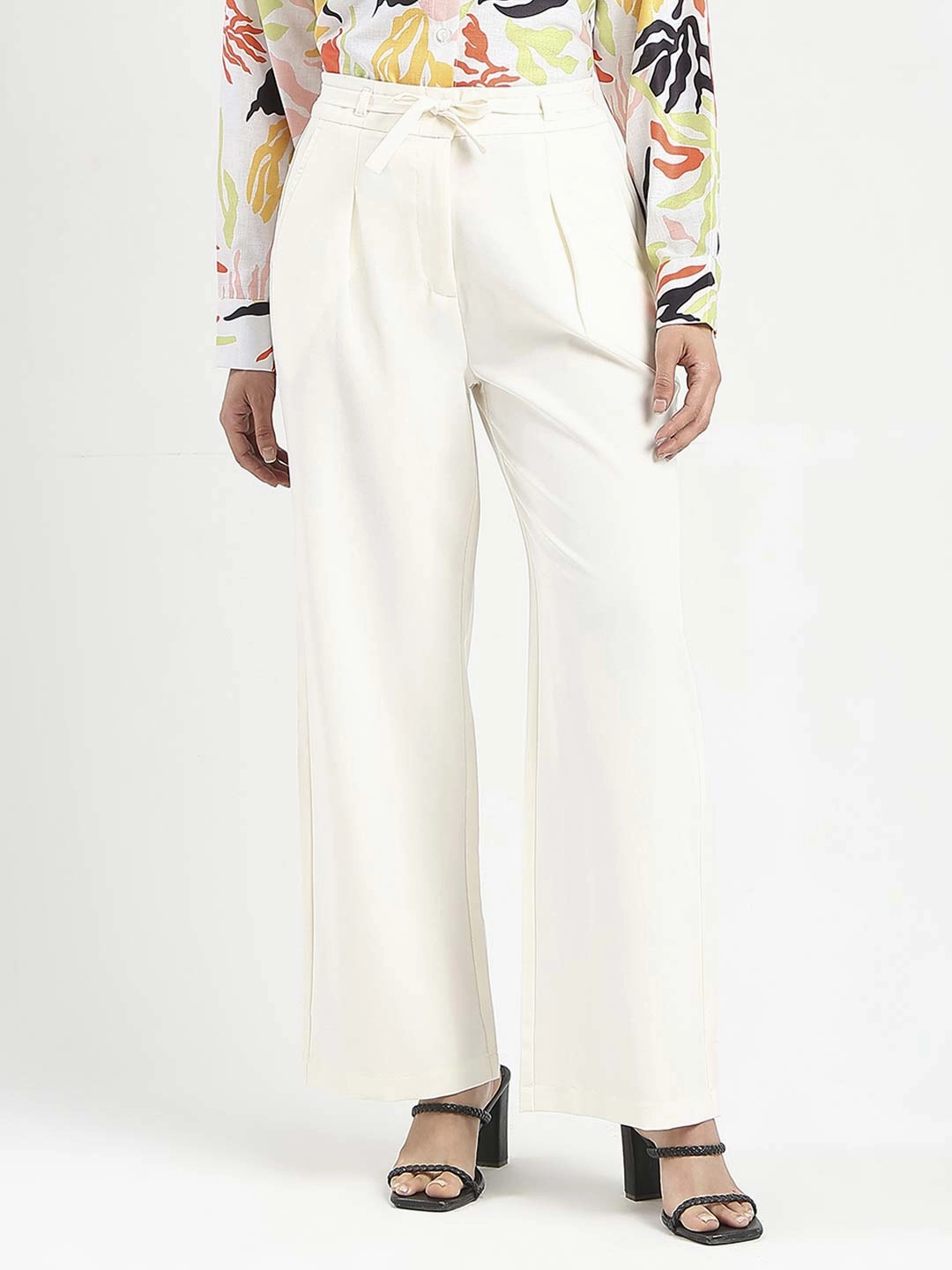 Madame Drawstring Waist Straight Fit Ivory Trousers Stylish Cut
