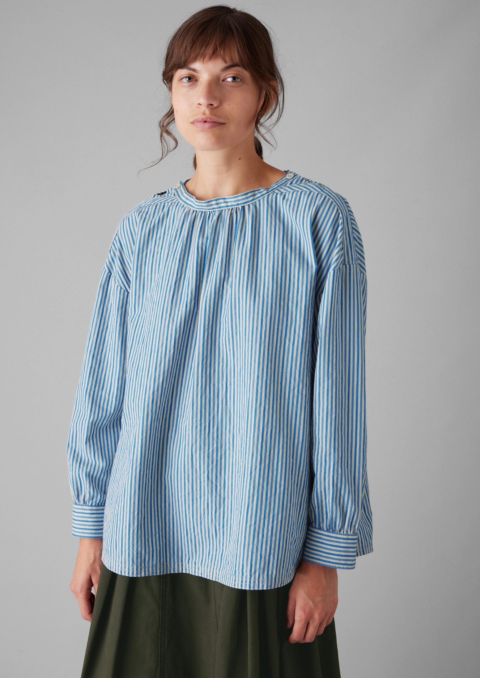 Stripe Cotton Gathered Smock Top | Ocean Blue/Ecru Premium Finish Casual Look