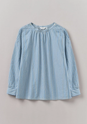 Stripe Cotton Gathered Smock Top | Ocean Blue/Ecru Local Favorite Coffee Run