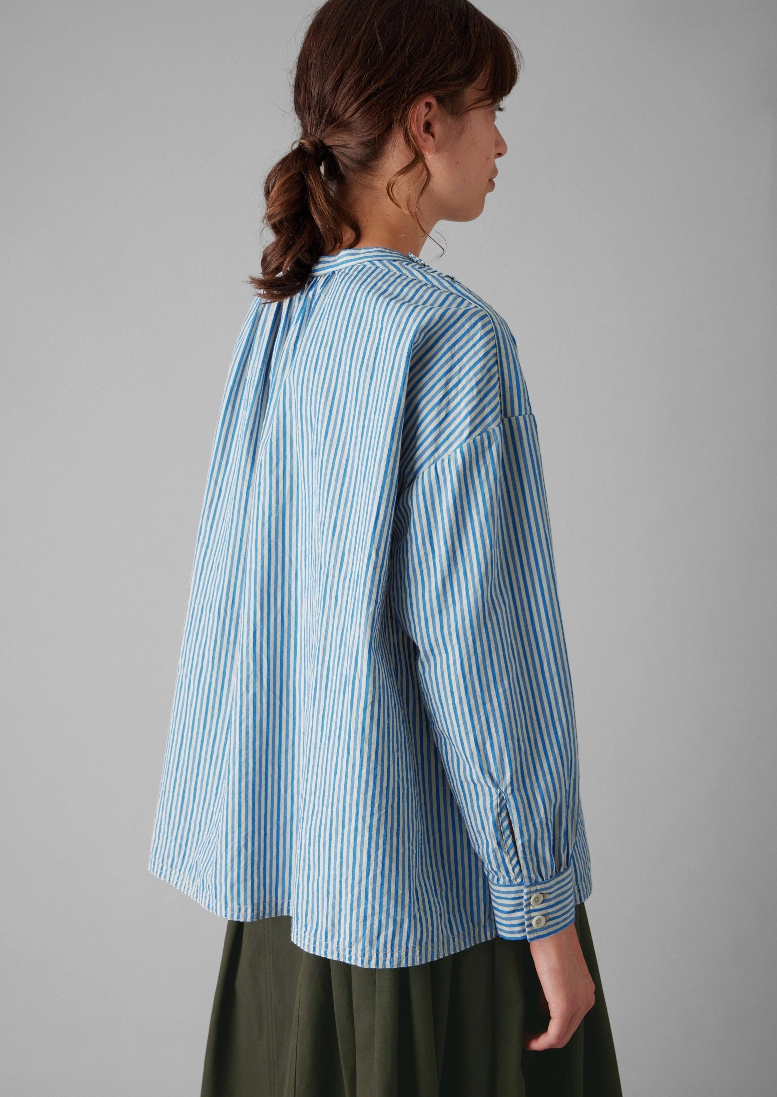Stripe Cotton Gathered Smock Top | Ocean Blue/Ecru Reinforced Elbow Patches