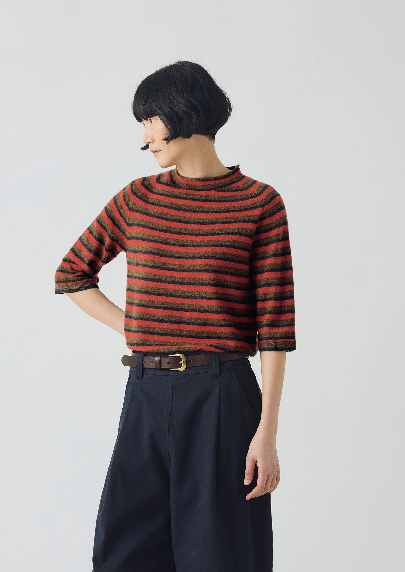 Stripe Wool Cashmere Half Sleeve Sweater | Red Multi HighStretch Tagless Labeling