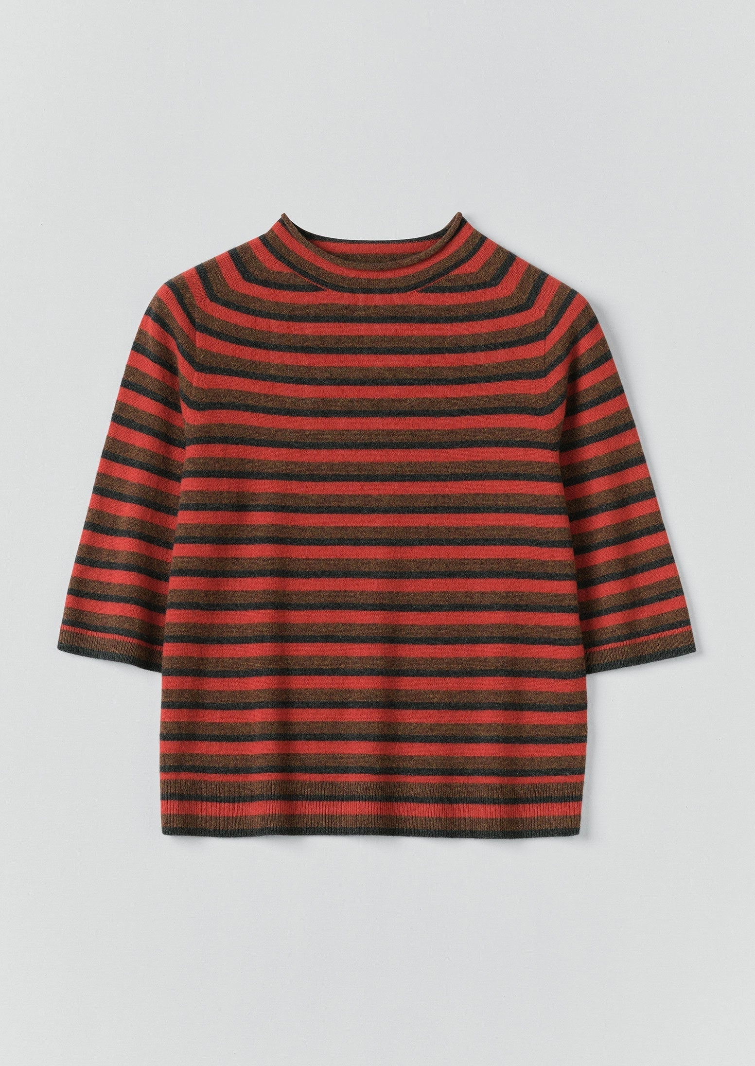 Stripe Wool Cashmere Half Sleeve Sweater | Red Multi Earthy Tone Colorways Ultrasoft Inner Lining