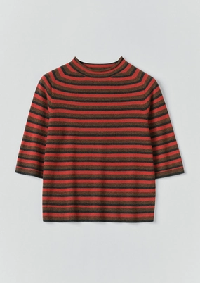 Stripe Wool Cashmere Half Sleeve Sweater | Red Multi Earthy Tone Colorways Ultrasoft Inner Lining