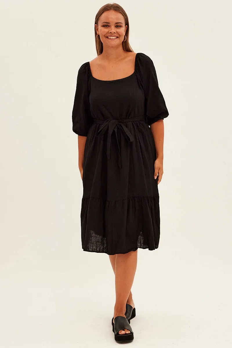 City Rhythm Black Midi Dress Puff Sleeve Belt Frill Hem