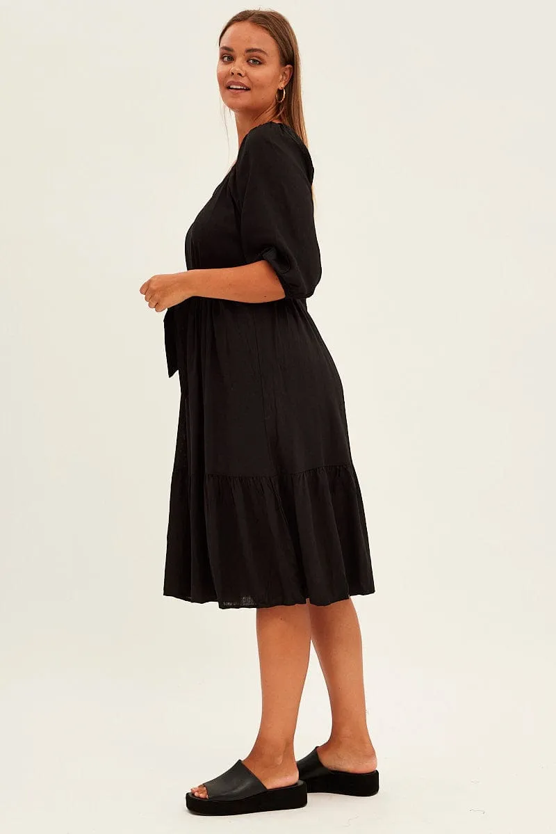London Edge Flexible Fabric Black Midi Dress Puff Sleeve Belt Frill Hem
