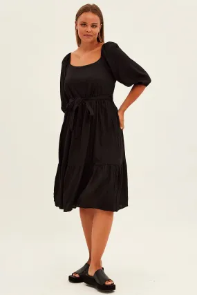Dark Tones Black Midi Dress Puff Sleeve Belt Frill Hem