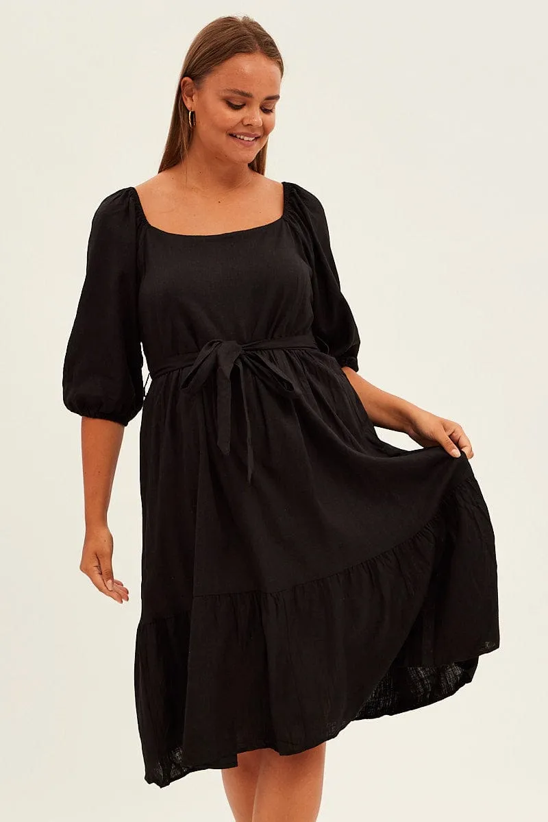 Black Midi Dress Puff Sleeve Belt Frill Hem Refined Vibe Chic Wear