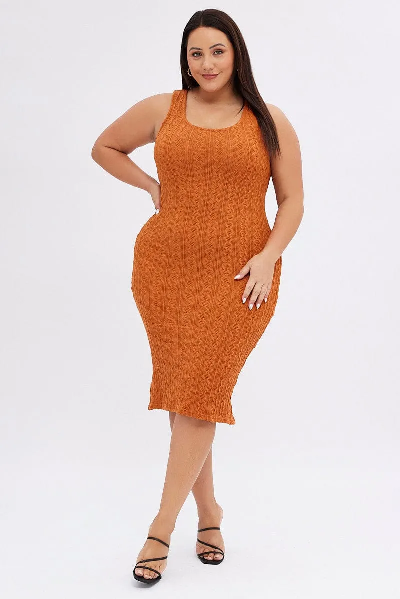 Abrasion-resistant Orange Midi Dress Cable Look Knit