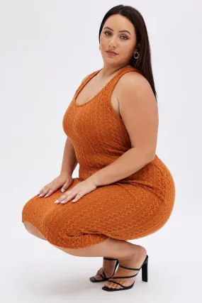 Romantic-Detail Effortless Waist Design Orange Midi Dress Cable Look Knit