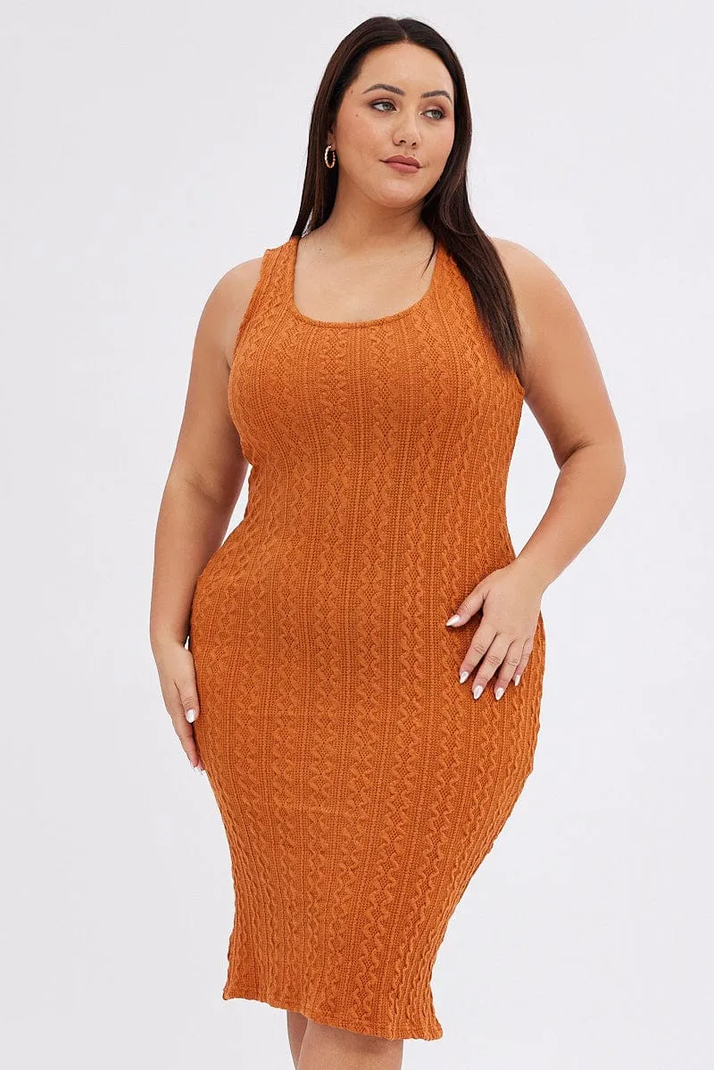 Orange Midi Dress Cable Look Knit Relaxed-fit gown