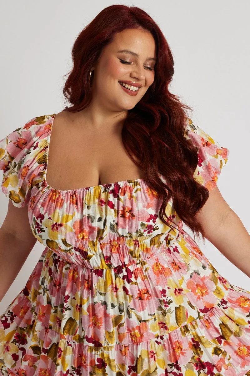 Pink Floral Midi Dress Short Sleeve Ruched Chic Harmony Polished Design