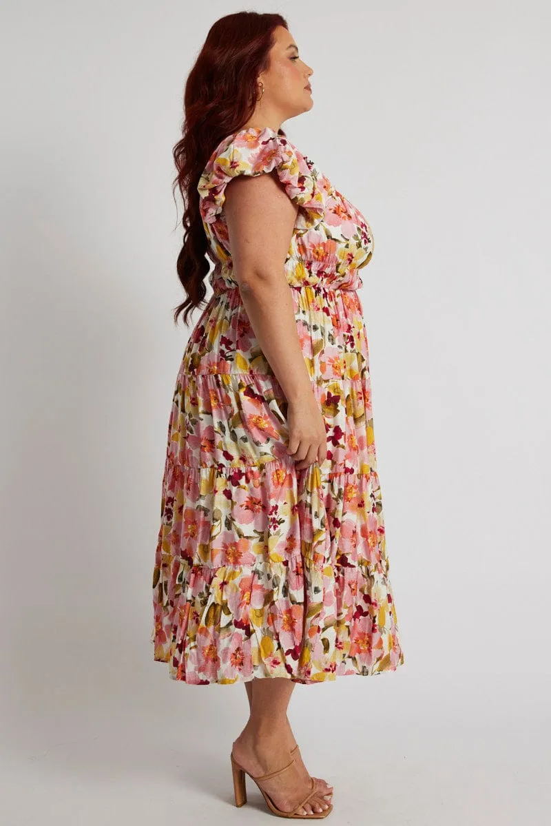 Chill Design Pink Floral Midi Dress Short Sleeve Ruched