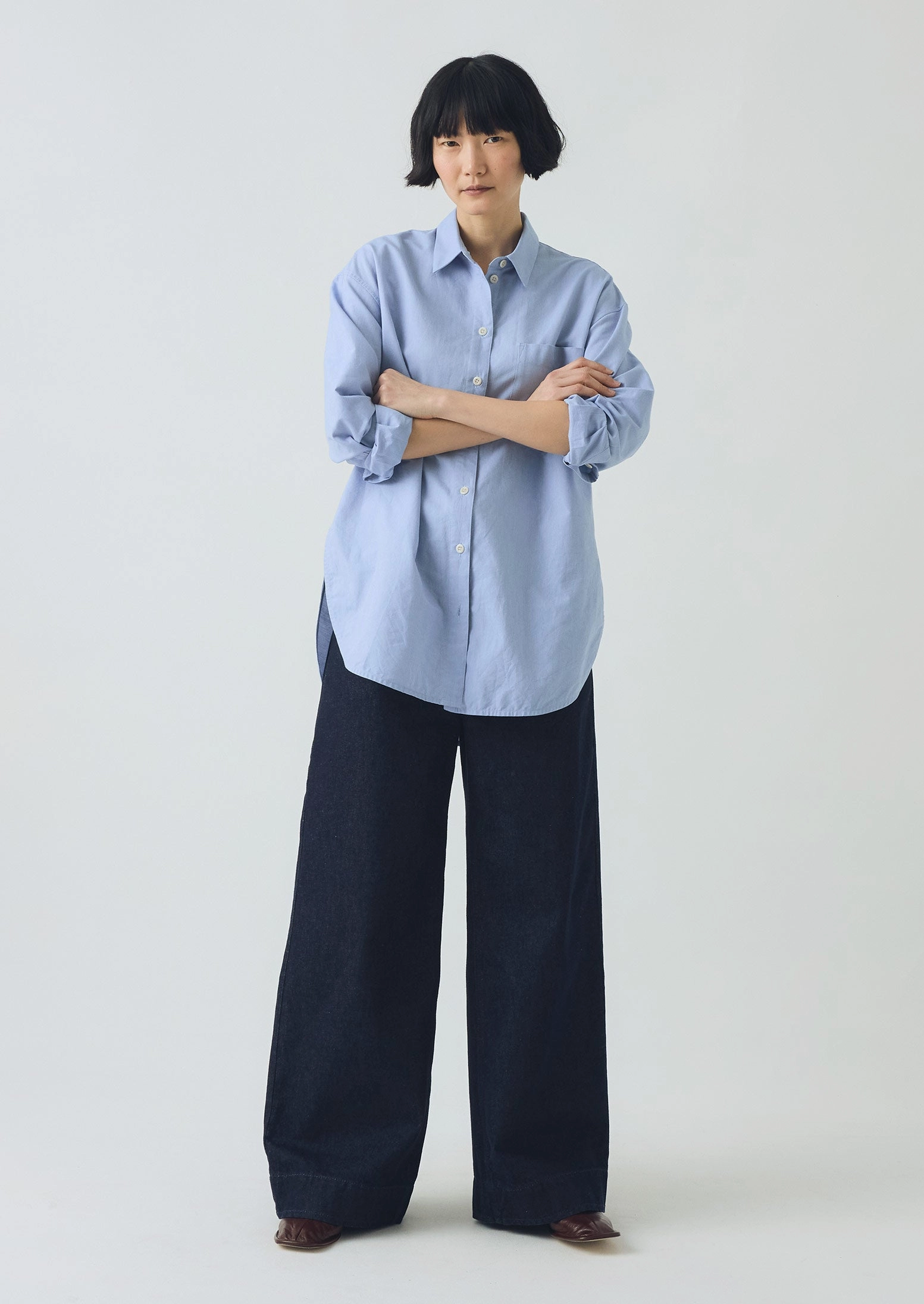 Cotton Oxford Oversized Long Shirt | Chambray Blue Quick Release Placket