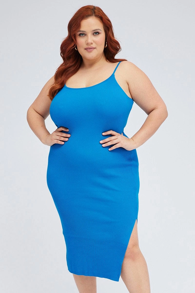 Blue Midi Knit Bodycon Dress Scoop Neck Sleeveless Polished Design