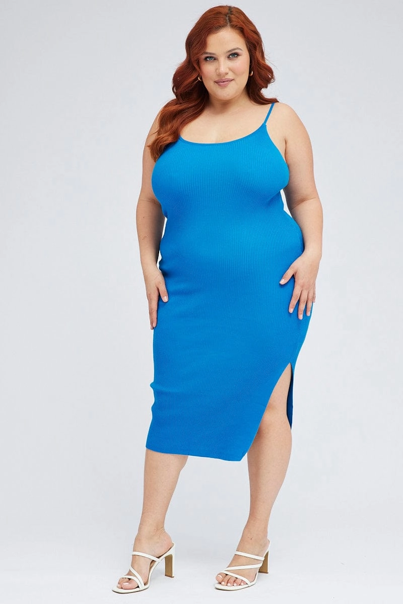 Classic Flow Cocktail-Party Blue Midi Knit Bodycon Dress Scoop Neck Sleeveless