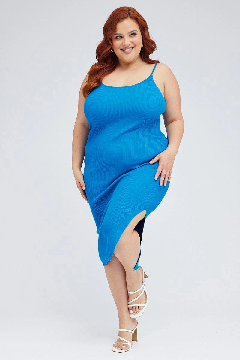 Blue Midi Knit Bodycon Dress Scoop Neck Sleeveless Church Proper Fashion Fit