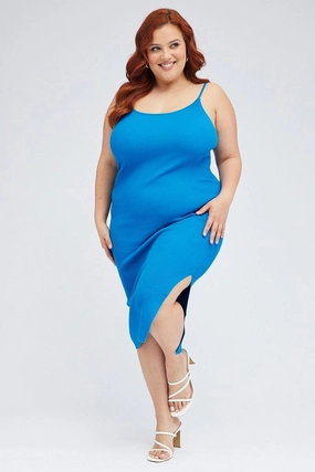 Blue Midi Knit Bodycon Dress Scoop Neck Sleeveless Church Proper Fashion Fit