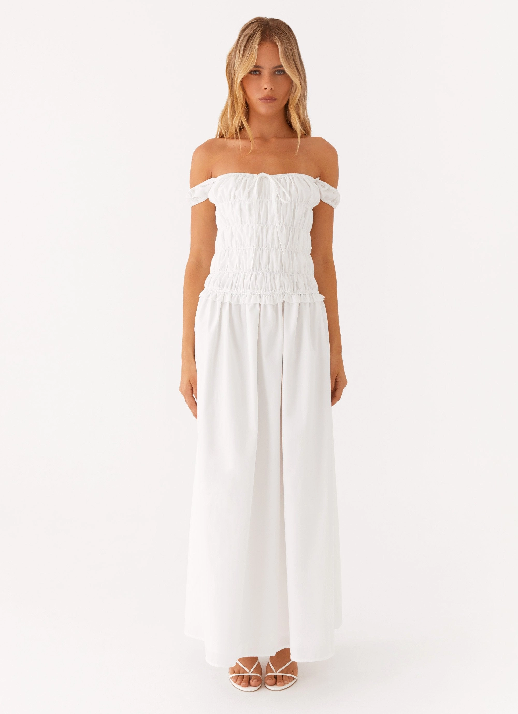 Elegant Everyday Countryside Off Shoulder Maxi Dress - Ivory