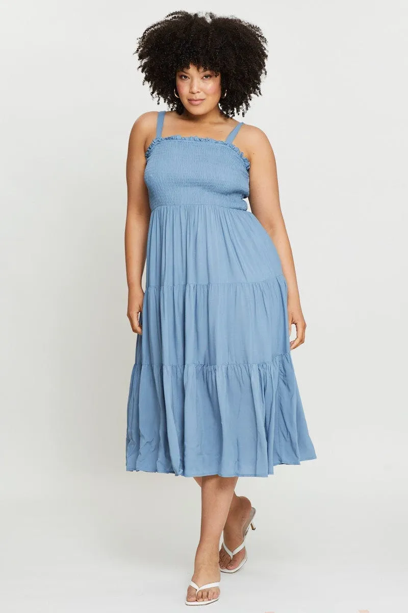 Blue Midi Dress Square Neck Sleeveless Padded-Bust