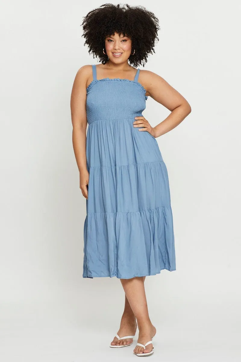 Daily Comfort Simple Flow Blue Midi Dress Square Neck Sleeveless