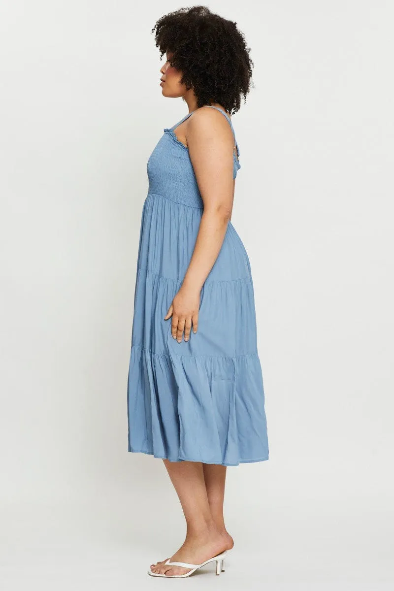 Vibrant Aesthetic Blue Midi Dress Square Neck Sleeveless