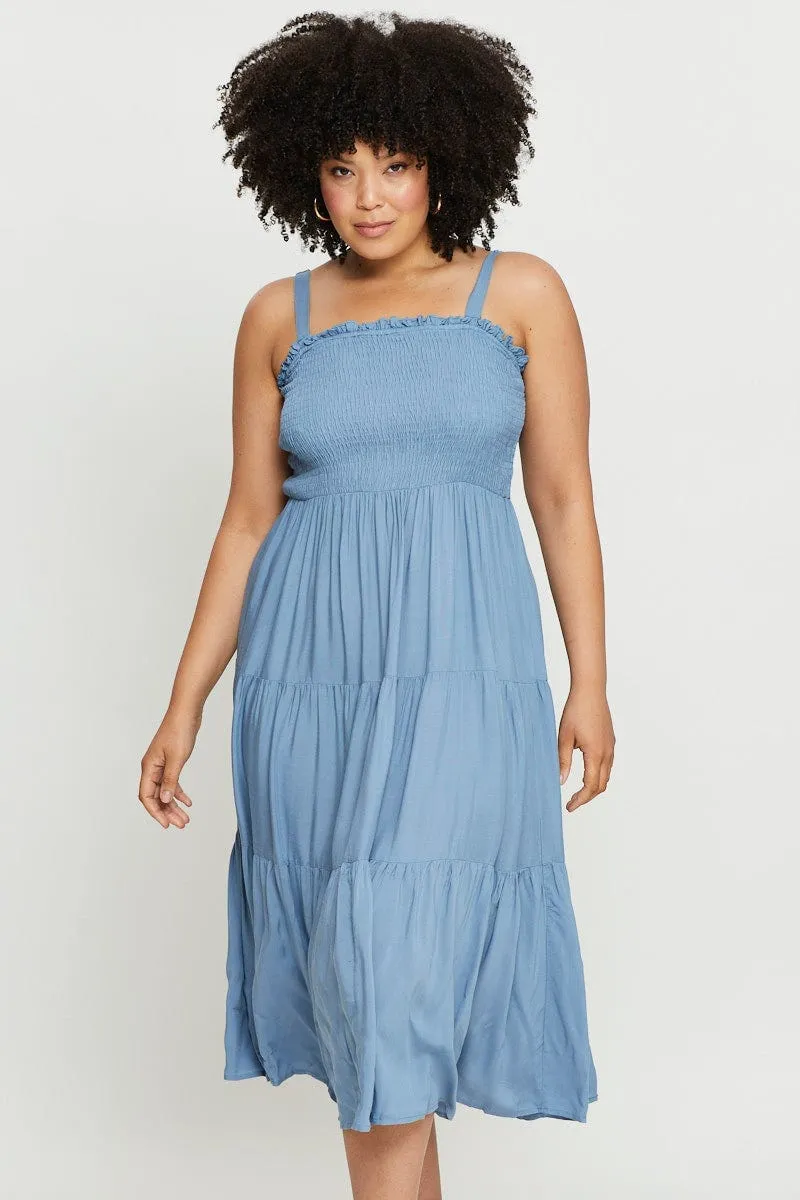 Blue Midi Dress Square Neck Sleeveless Relaxed work dress